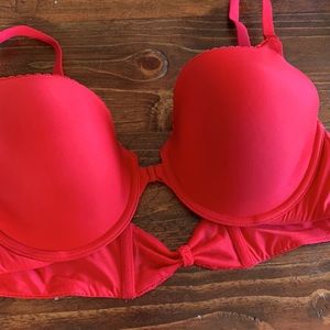 Victoria’s Secret Perfect Coverage red bra, bow on band in back, clip front, 36C